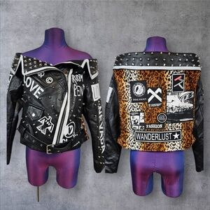 For Her NYC Black Faux Leather Graffiti Studded Off the‎ Shoulder Jacket Large
